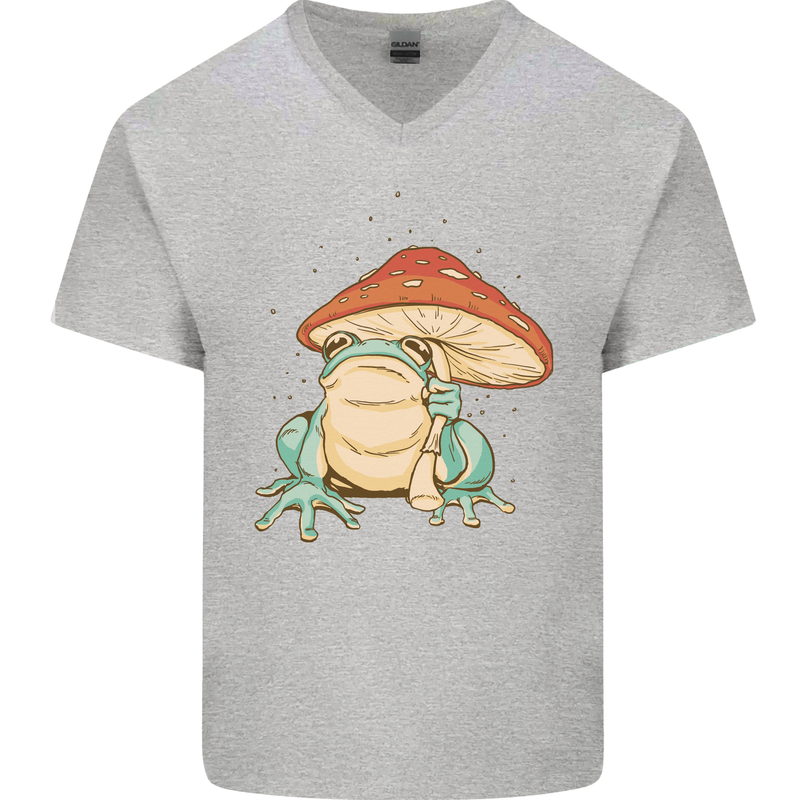 A Frog Under a Toadstool Umbrella Toad Mens V-Neck Cotton T-Shirt Sports Grey