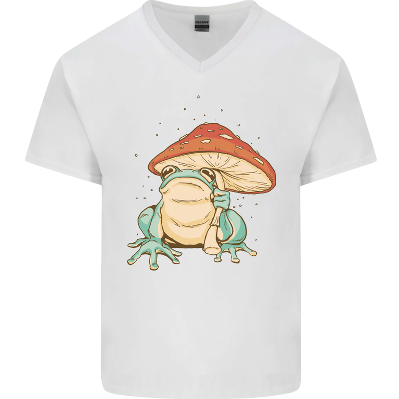 A Frog Under a Toadstool Umbrella Toad Mens V-Neck Cotton T-Shirt White