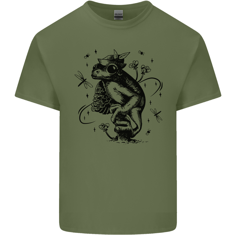 A Frog on a Mushroom Mens Cotton T-Shirt Tee Top Military Green