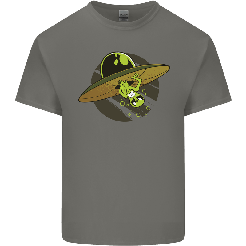 A Funny Alien Stuck in a UFO Flying Saucer Mens Cotton T-Shirt Tee Top Charcoal