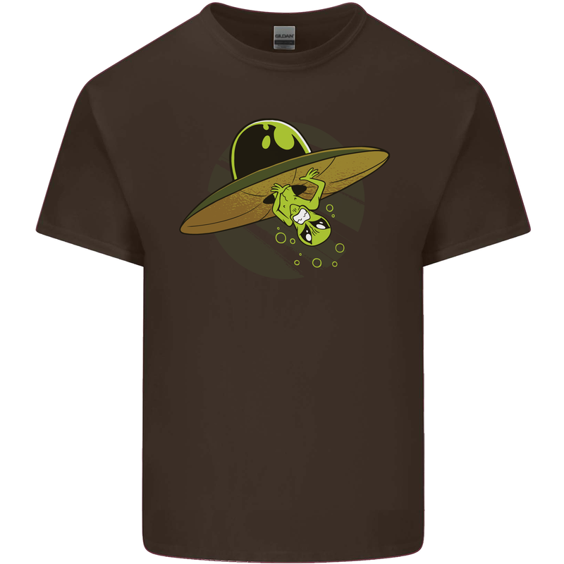 A Funny Alien Stuck in a UFO Flying Saucer Mens Cotton T-Shirt Tee Top Dark Chocolate