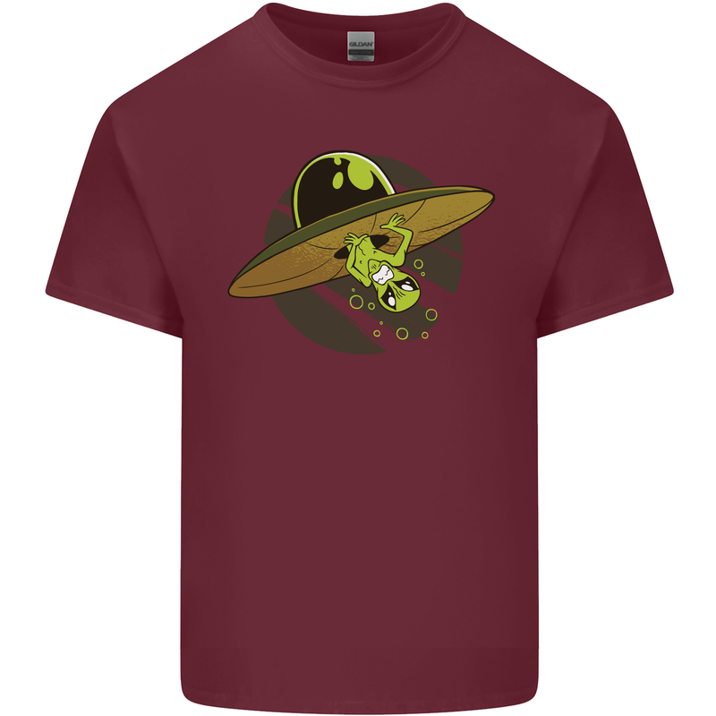 A Funny Alien Stuck in a UFO Flying Saucer Mens Cotton T-Shirt Tee Top Maroon