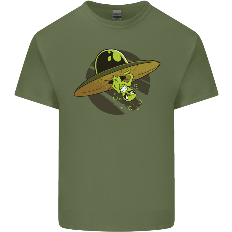 A Funny Alien Stuck in a UFO Flying Saucer Mens Cotton T-Shirt Tee Top Military Green