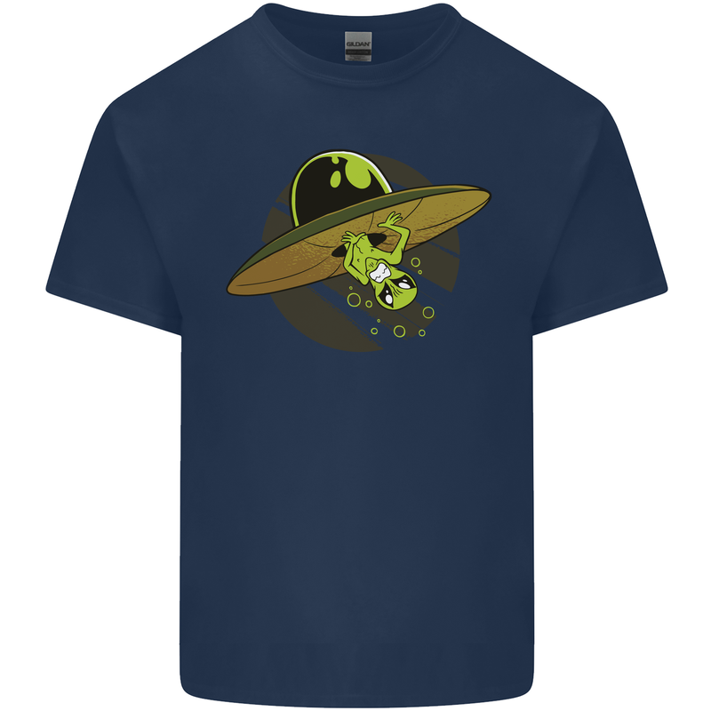 A Funny Alien Stuck in a UFO Flying Saucer Mens Cotton T-Shirt Tee Top Navy Blue