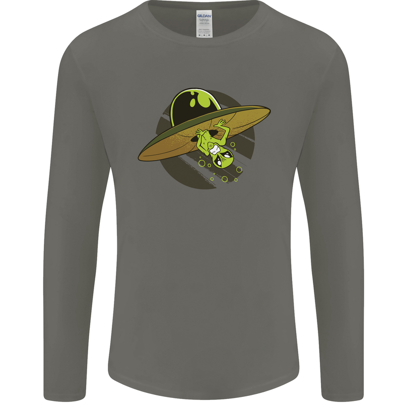 A Funny Alien Stuck in a UFO Flying Saucer Mens Long Sleeve T-Shirt Charcoal