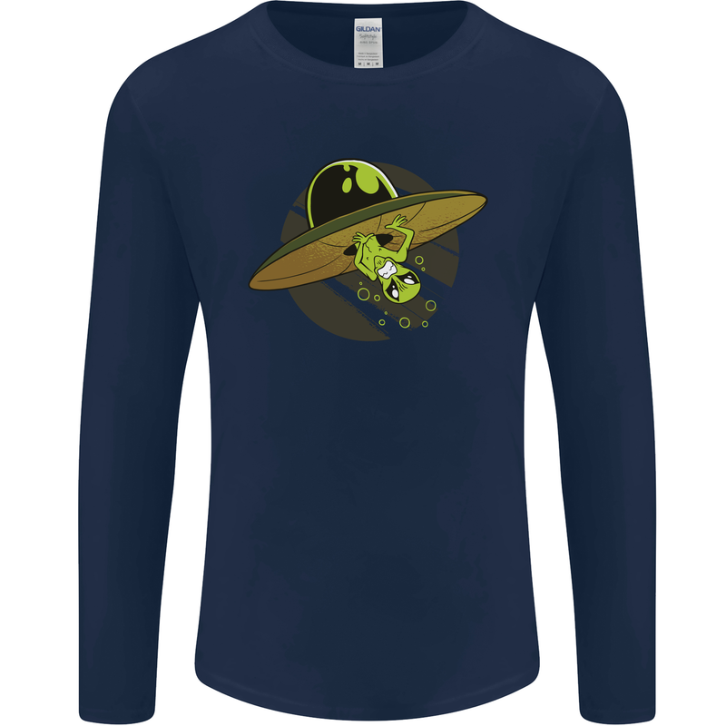 A Funny Alien Stuck in a UFO Flying Saucer Mens Long Sleeve T-Shirt Navy Blue