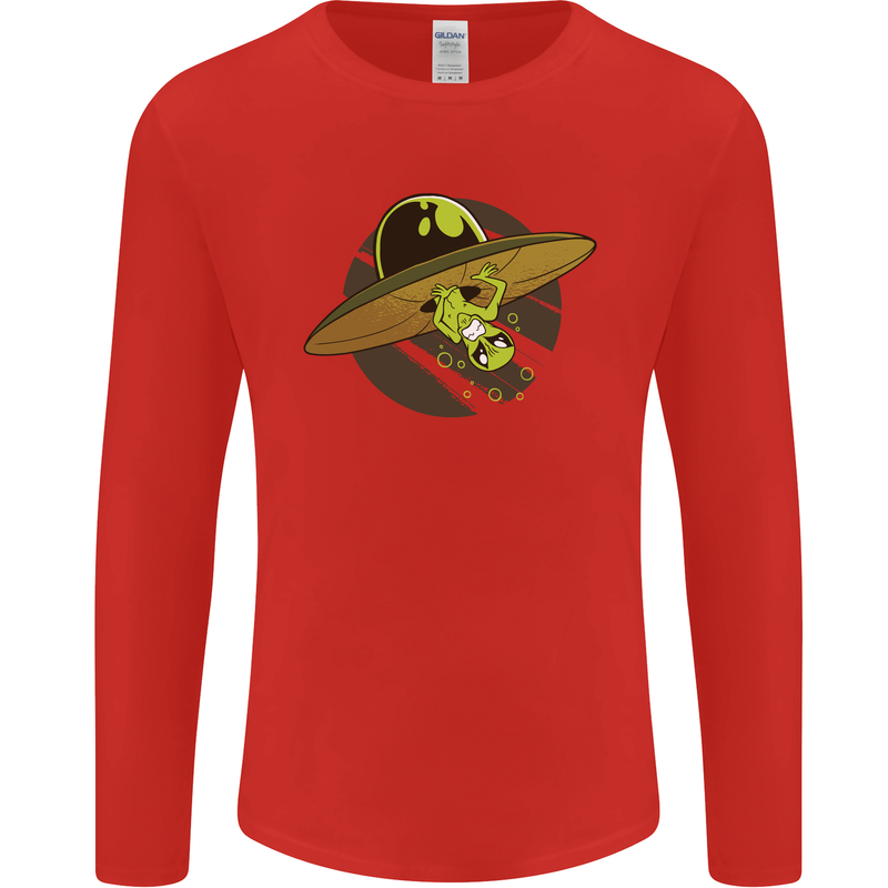 A Funny Alien Stuck in a UFO Flying Saucer Mens Long Sleeve T-Shirt Red