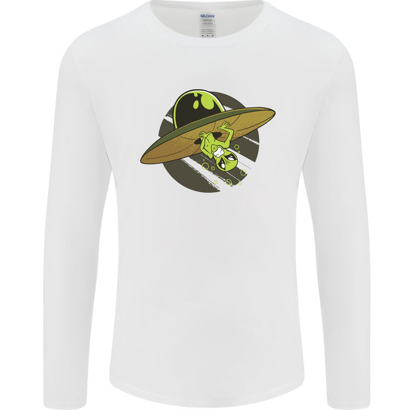 A Funny Alien Stuck in a UFO Flying Saucer Mens Long Sleeve T-Shirt White