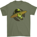 A Funny Alien Stuck in a UFO Flying Saucer Mens T-Shirt Cotton Gildan Military Green