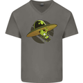 A Funny Alien Stuck in a UFO Flying Saucer Mens V-Neck Cotton T-Shirt Charcoal