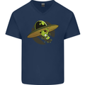 A Funny Alien Stuck in a UFO Flying Saucer Mens V-Neck Cotton T-Shirt Navy Blue