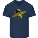 A Funny Alien Stuck in a UFO Flying Saucer Mens V-Neck Cotton T-Shirt Navy Blue