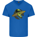 A Funny Alien Stuck in a UFO Flying Saucer Mens V-Neck Cotton T-Shirt Royal Blue