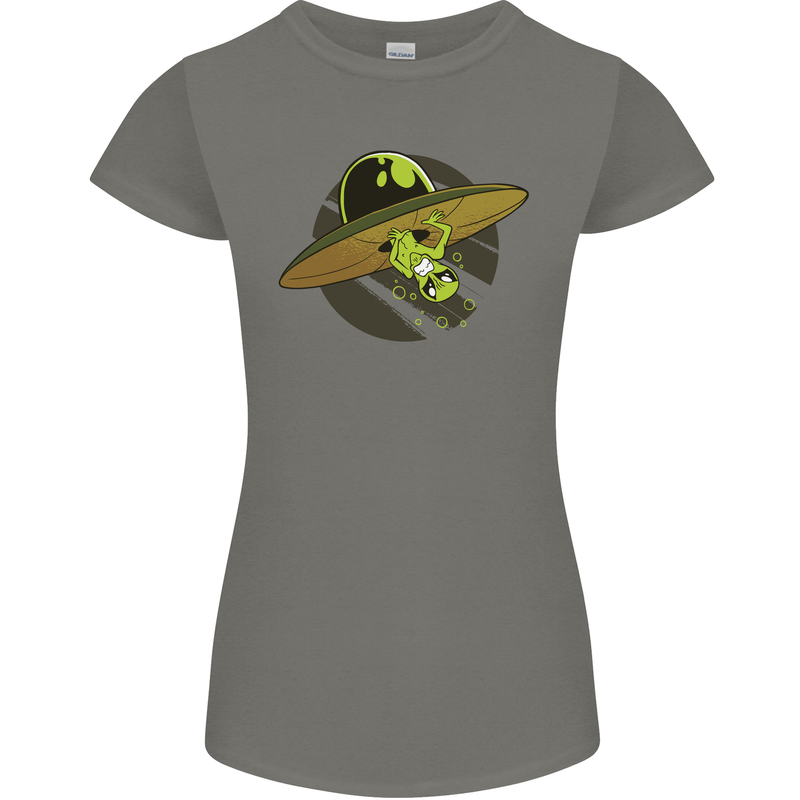 A Funny Alien Stuck in a UFO Flying Saucer Womens Petite Cut T-Shirt Charcoal