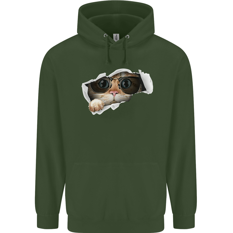 A Funny Cat Peeking From a Ripped Top Childrens Kids Hoodie Forest Green