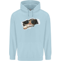 A Funny Cat Peeking From a Ripped Top Childrens Kids Hoodie Light Blue