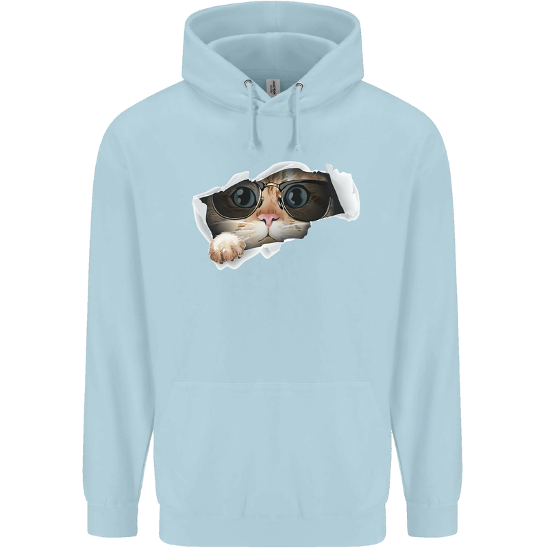 A Funny Cat Peeking From a Ripped Top Childrens Kids Hoodie Light Blue