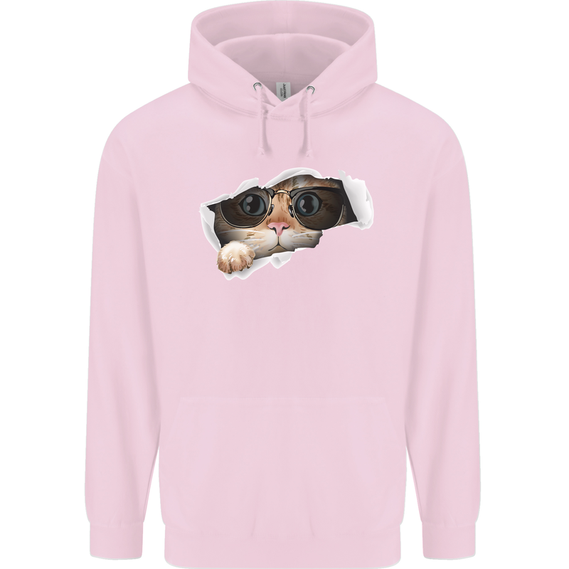 A Funny Cat Peeking From a Ripped Top Childrens Kids Hoodie Light Pink