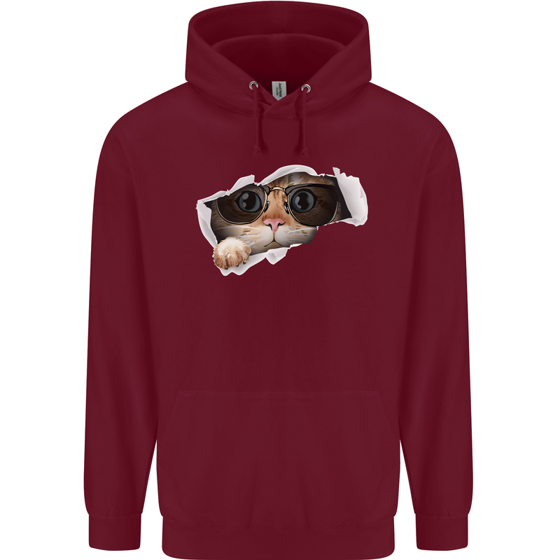 A Funny Cat Peeking From a Ripped Top Childrens Kids Hoodie Maroon
