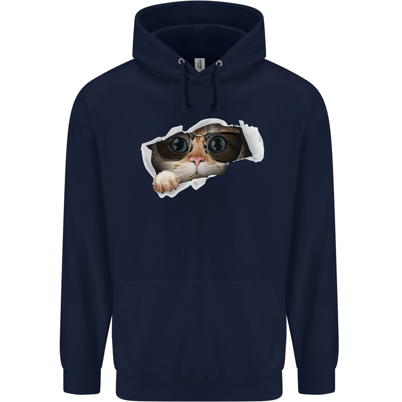 A Funny Cat Peeking From a Ripped Top Childrens Kids Hoodie Navy Blue