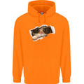 A Funny Cat Peeking From a Ripped Top Childrens Kids Hoodie Orange