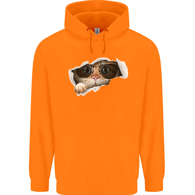 A Funny Cat Peeking From a Ripped Top Childrens Kids Hoodie Orange