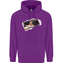 A Funny Cat Peeking From a Ripped Top Childrens Kids Hoodie Purple