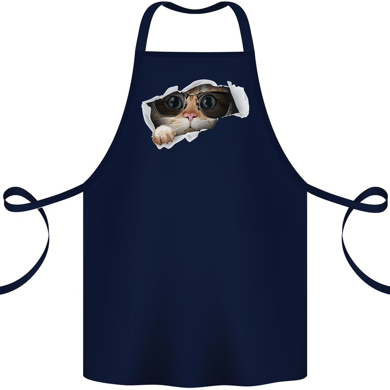A Funny Cat Peeking From a Ripped Top Cotton Apron 100% Organic Navy Blue