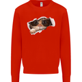 A Funny Cat Peeking From a Ripped Top Kids Sweatshirt Jumper Bright Red