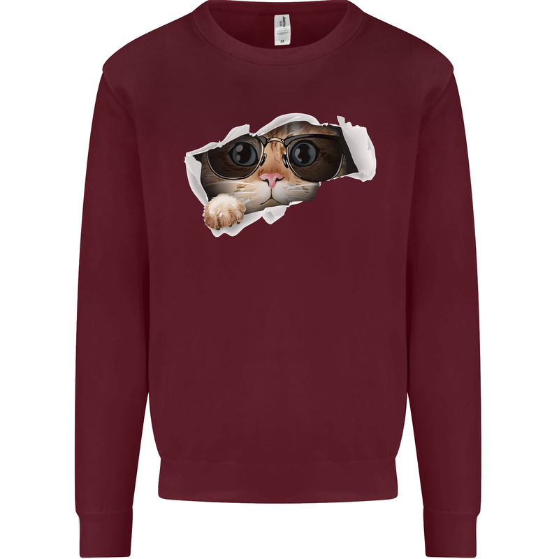 A Funny Cat Peeking From a Ripped Top Kids Sweatshirt Jumper Maroon