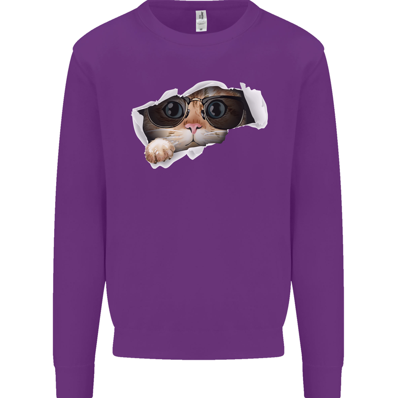 A Funny Cat Peeking From a Ripped Top Kids Sweatshirt Jumper Purple