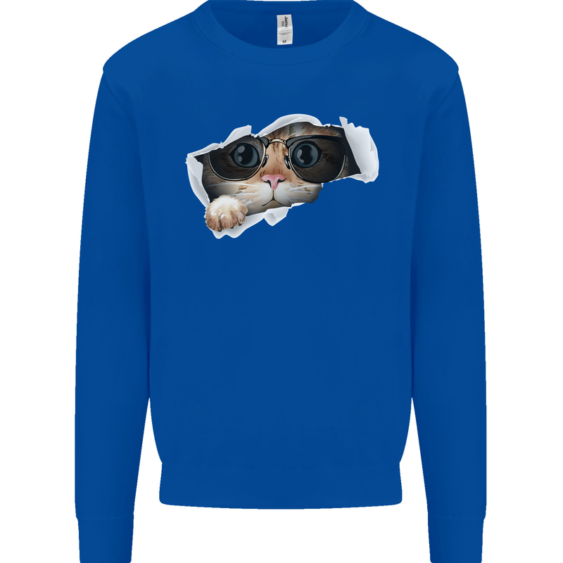A Funny Cat Peeking From a Ripped Top Kids Sweatshirt Jumper Royal Blue