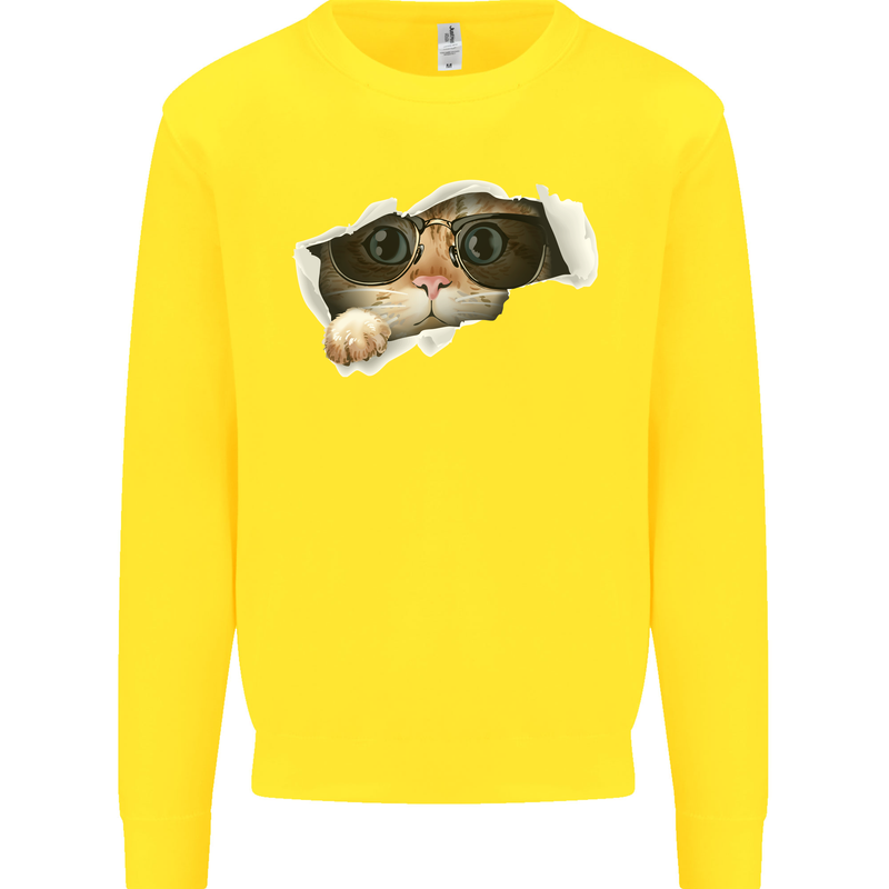 A Funny Cat Peeking From a Ripped Top Kids Sweatshirt Jumper Yellow