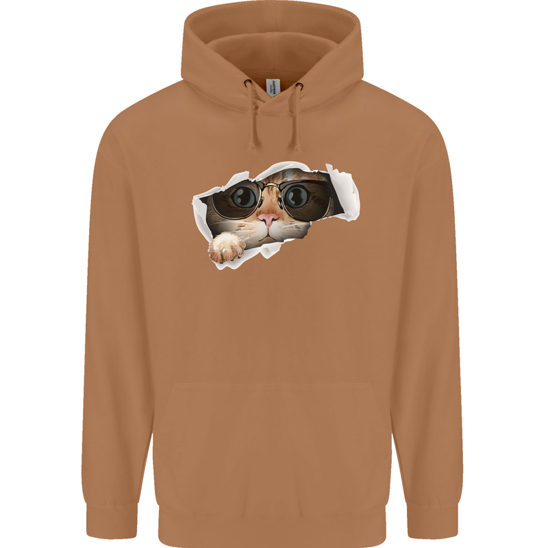 A Funny Cat Peeking From a Ripped Top Mens 80% Cotton Hoodie Caramel Latte