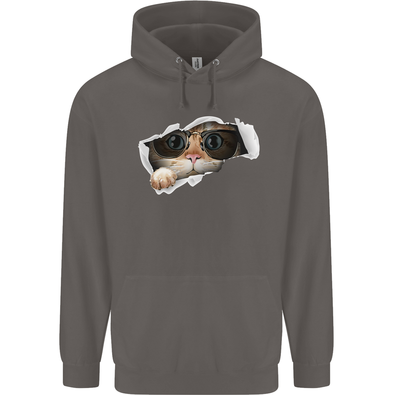 A Funny Cat Peeking From a Ripped Top Mens 80% Cotton Hoodie Charcoal