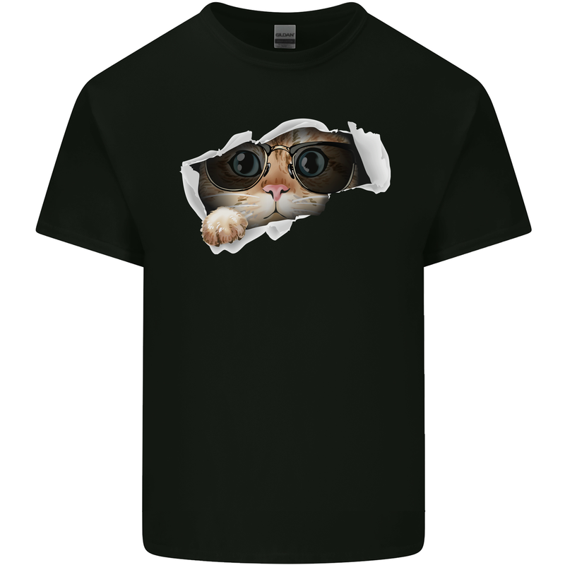 A Funny Cat Peeking From a Ripped Top Mens Cotton T-Shirt Tee Top Black
