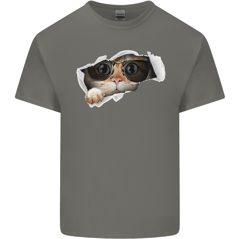 A Funny Cat Peeking From a Ripped Top Mens Cotton T-Shirt Tee Top Charcoal