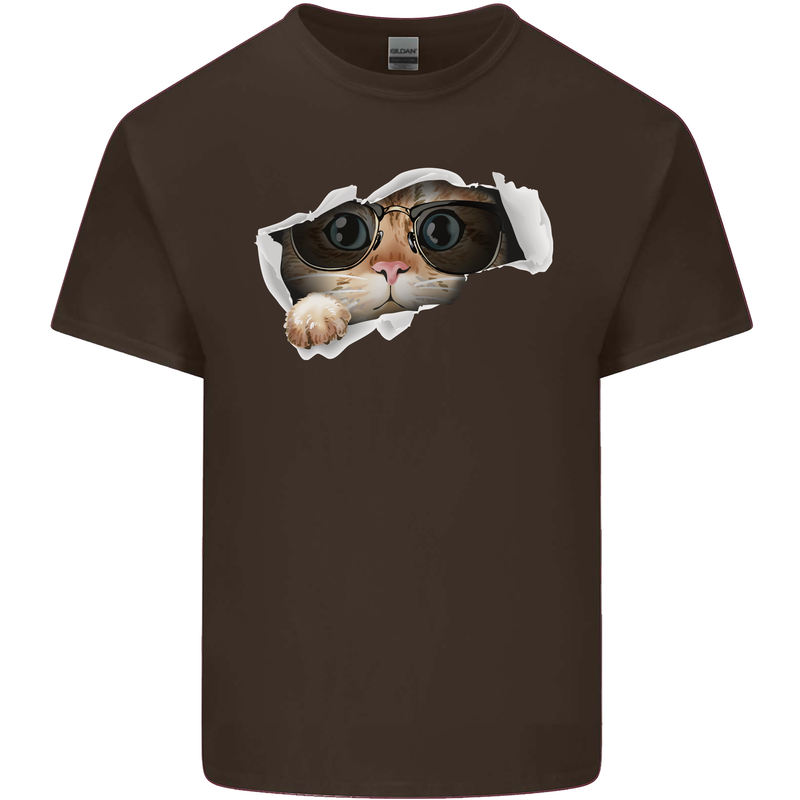 A Funny Cat Peeking From a Ripped Top Mens Cotton T-Shirt Tee Top Dark Chocolate