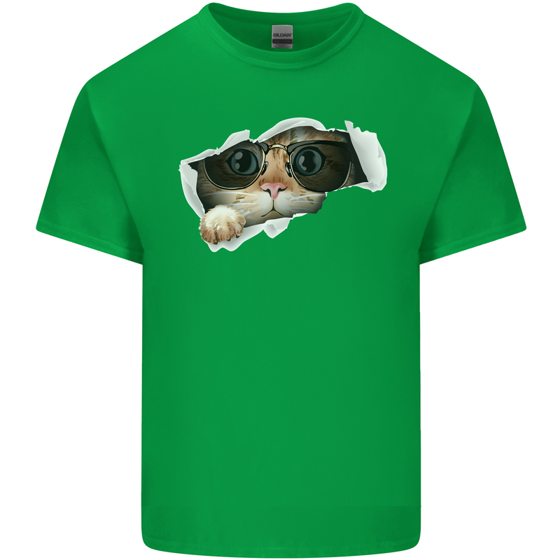 A Funny Cat Peeking From a Ripped Top Mens Cotton T-Shirt Tee Top Irish Green