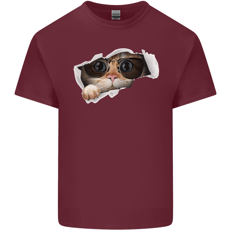 A Funny Cat Peeking From a Ripped Top Mens Cotton T-Shirt Tee Top Maroon
