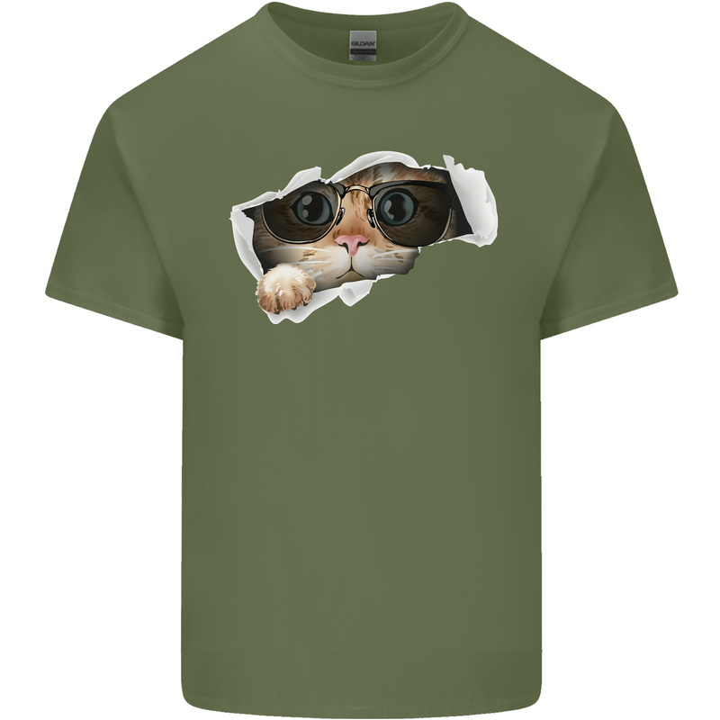 A Funny Cat Peeking From a Ripped Top Mens Cotton T-Shirt Tee Top Military Green