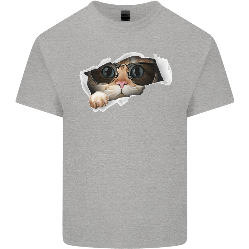 A Funny Cat Peeking From a Ripped Top Mens Cotton T-Shirt Tee Top Sports Grey