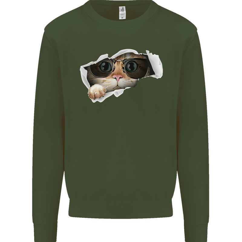 A Funny Cat Peeking From a Ripped Top Mens Sweatshirt Jumper Forest Green