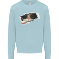 A Funny Cat Peeking From a Ripped Top Mens Sweatshirt Jumper Light Blue