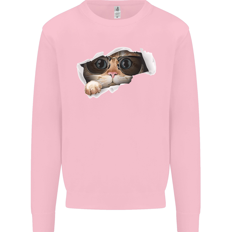 A Funny Cat Peeking From a Ripped Top Mens Sweatshirt Jumper Light Pink