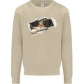 A Funny Cat Peeking From a Ripped Top Mens Sweatshirt Jumper Sand