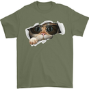 A Funny Cat Peeking From a Ripped Top Mens T-Shirt Cotton Gildan Military Green