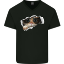 A Funny Cat Peeking From a Ripped Top Mens V-Neck Cotton T-Shirt Black