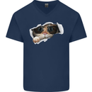 A Funny Cat Peeking From a Ripped Top Mens V-Neck Cotton T-Shirt Navy Blue