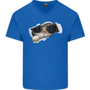 A Funny Cat Peeking From a Ripped Top Mens V-Neck Cotton T-Shirt Royal Blue